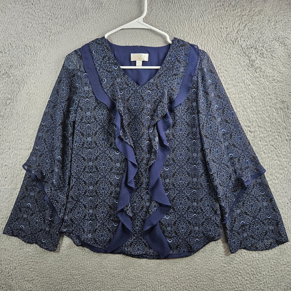 Belle Kim Gravel Top Blouse Women XXS Ruffle Lined Floral Navy Blue